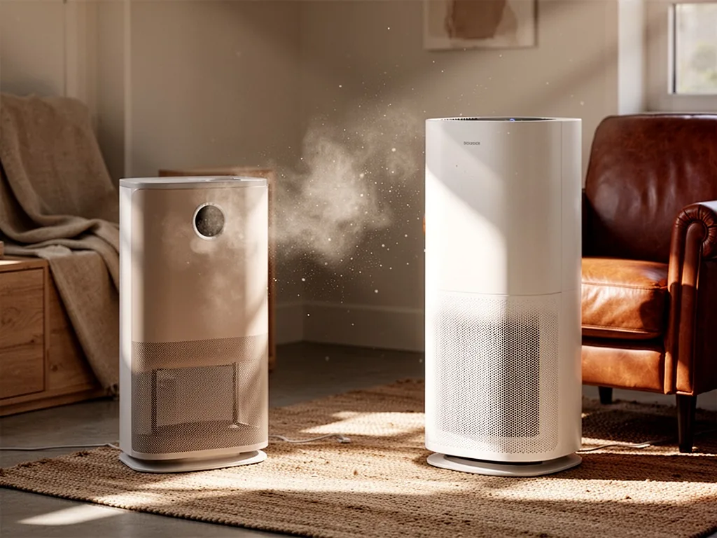 A modern air purifier with a clean white casing next to a leather armchair and a woven rug, dust particles faintly visib