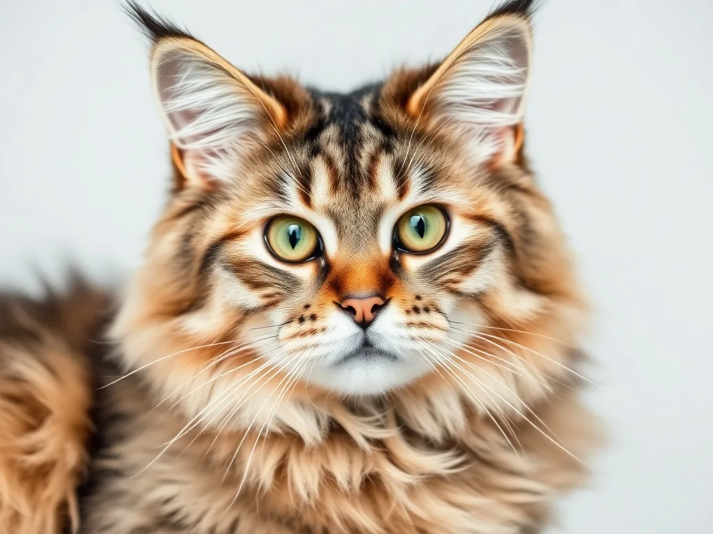 Maine Coon roux et blanc allongé sur un parquet, lumière naturelle, regard vers l'objectif