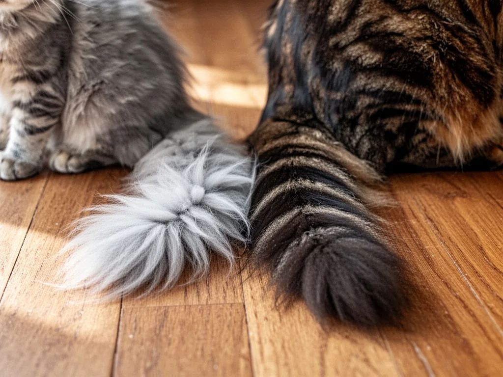 A fluffy Maine Coon kitten's tail with pale silver fur beside an adult's tail with deep brown tabby stripes, wooden floo