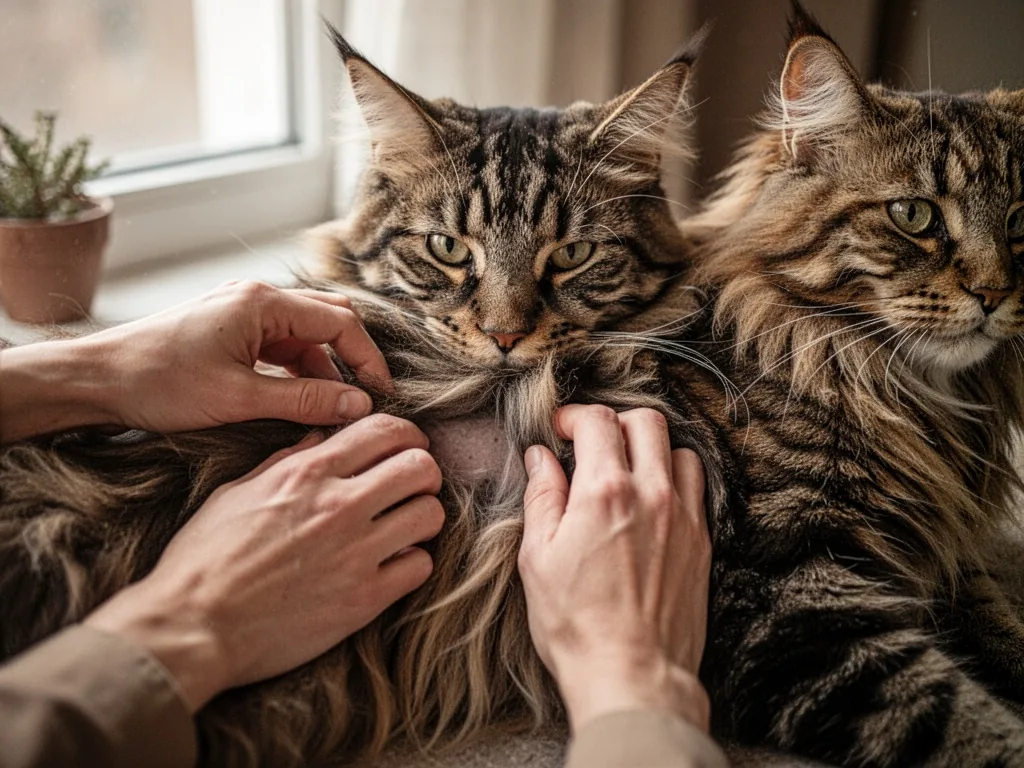 Hands gently parting the long fur on a Maine Coon's side to reveal a classic tabby 'M' marking on the forehead, soft win