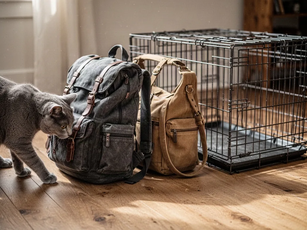 A charcoal backpack carrier, a tan shoulder bag carrier, and a rigid wire crate lined up on a wooden floor, a gray cat s