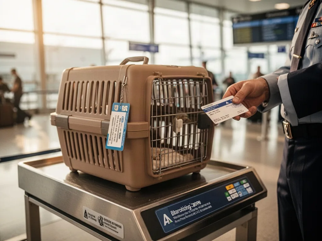 A hard-sided pet carrier with airline tag resting on a checkpoint scale, a blurred uniformed hand holding a boarding pas